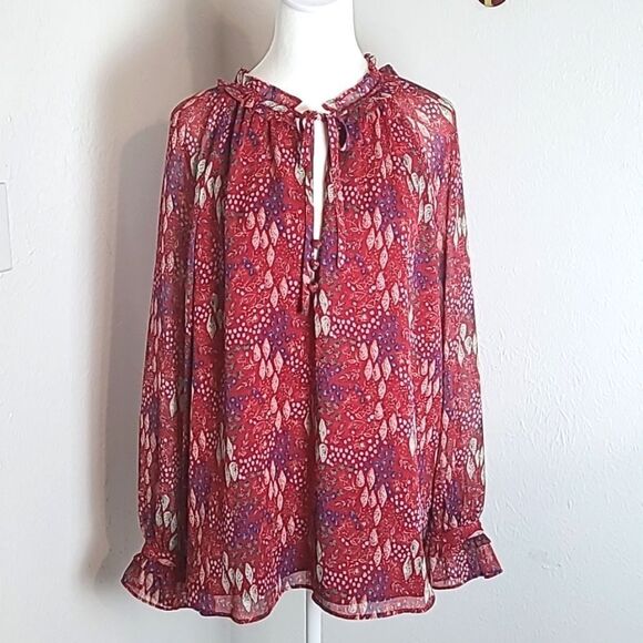 LOFT Red Sheer Blouse, Blue & White Print, Ruffled Collar & Cuffs, Size XL - Picture 1 of 13